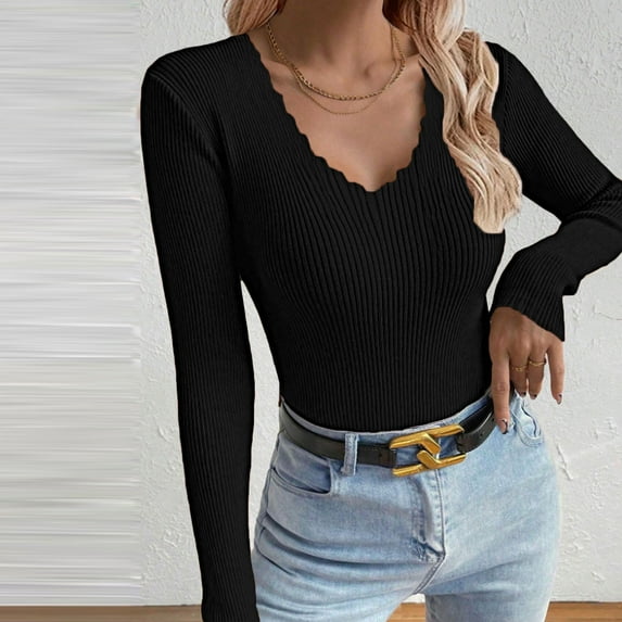 Womens Ribbed Fitted Sweater, Long Sleeve V Neck Stretchy Casual Knit Slim Tops Fall Blouse Black S
