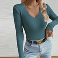 thumbnail image 1 of Womens Ribbed Fitted Sweater, Long Sleeve V Neck Stretchy Casual Knit Slim Tops Fall Blouse Blue M, 1 of 4