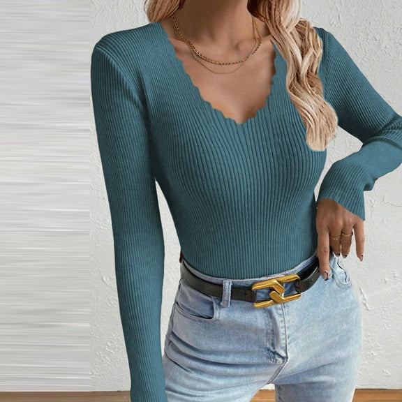 Womens Ribbed Fitted Sweater, Long Sleeve V Neck Stretchy Casual Knit Slim Tops Fall Blouse Blue M