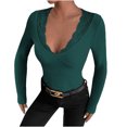 thumbnail image 1 of Womens Ribbed Fitted Tight Tshirt Deep V Neck Lace Blouses Long Sleeve Slim Fit Basic Shirts Solid Comfy Tee Tops, 1 of 5