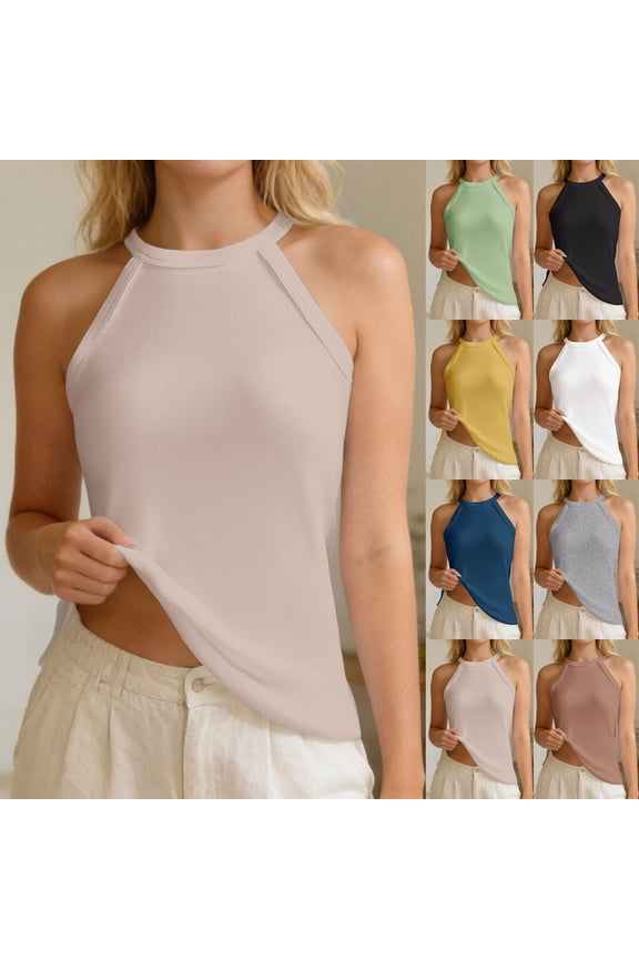 Womens Ribbed Halter Neck Top with Built in Bra Longline Cami Bodysuit Off Shoulder Layering Summer Vest Yellow M