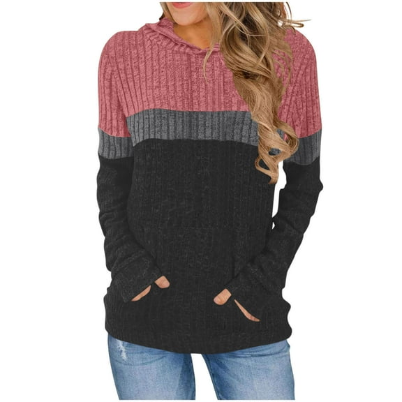 Womens Ribbed Hoodies, Long Sleeve Pullover for Women Fall Fashion Color Patchwork Crewneck Thin Sweaters with Pockets S-2XL