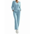 thumbnail image 1 of Womens Ribbed Knit 2 Piece Sets Long Sleeve Sweater and Wide Leg Pants Loungewear Pajamas Set Blue S, 1 of 7