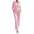 thumbnail image 1 of Womens Ribbed Knit 2 Piece Sets Long Sleeve Sweater and Wide Leg Pants Loungewear Pajamas Set Pink M, 1 of 8