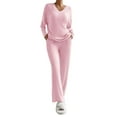 thumbnail image 1 of Womens Ribbed Knit 2 Piece Sets Long Sleeve Sweater and Wide Leg Pants Loungewear Pajamas Set Pink S, 1 of 8