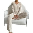 thumbnail image 1 of Womens Ribbed Knit 2 Piece Sets Long Sleeve Sweater and Wide Leg Pants Loungewear Pajamas Set  XL, 1 of 6