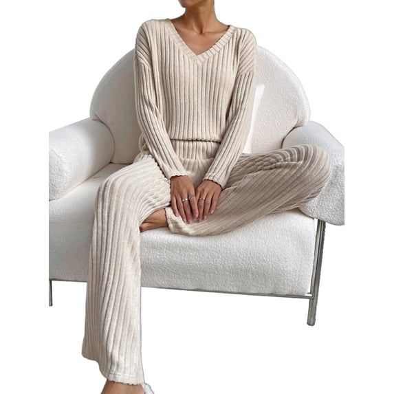 Womens Ribbed Knit 2 Piece Sets Long Sleeve Sweater and Wide Leg Pants Loungewear Pajamas Set XXL