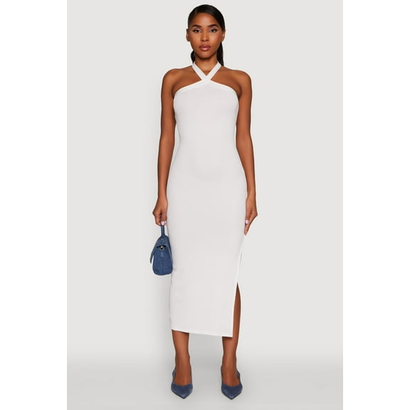 Womens Ribbed Knit Bodycon Halter Dress with Side Slit