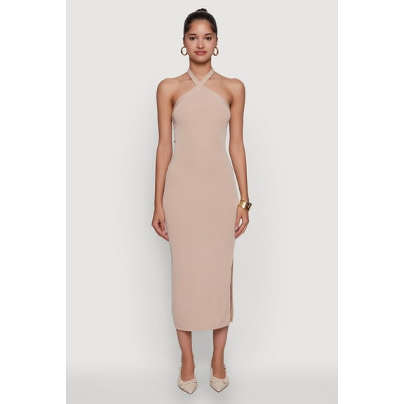 Womens Ribbed Knit Bodycon Halter Dress with Side Slit