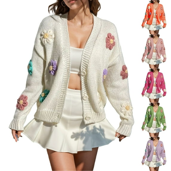 Womens Ribbed Knit Cardigan Embroidery Detail Button Front Open Sweater Coat
