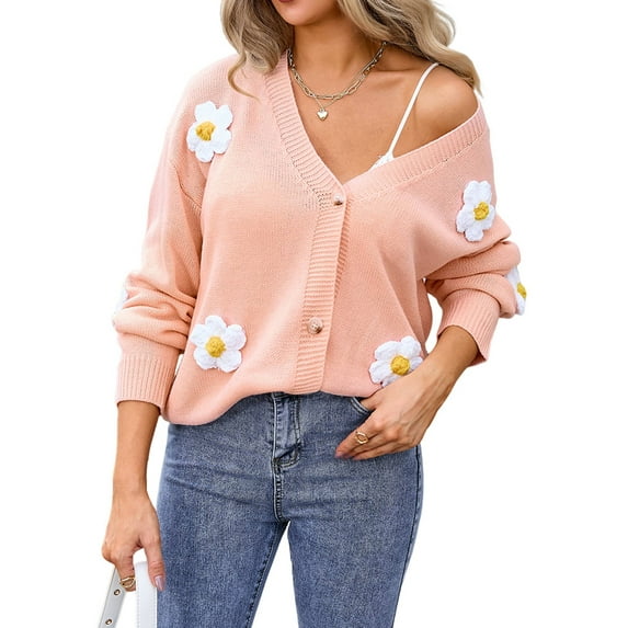 Womens Ribbed Knit Cardigan Slouchy Flower Graphic Button-Up Jacquard Knitted Sweater Coat Pink XL