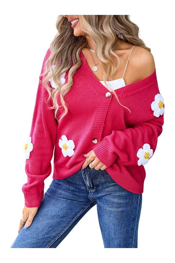 Womens Ribbed Knit Cardigan Slouchy Flower Graphic Button-Up Jacquard Knitted Sweater Coat Rose Red L