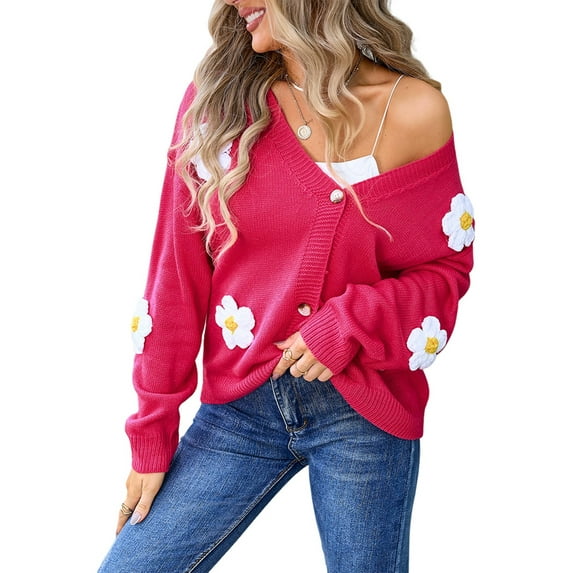 Womens Ribbed Knit Cardigan Slouchy Flower Graphic Button-Up Jacquard Knitted Sweater Coat Rose Red M