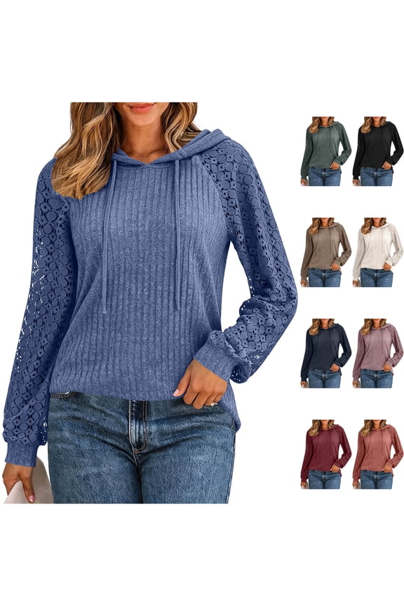 Womens Ribbed Knit Hoodie Pullover Drawstring Hollow Out Lace Crochet Patchwork Long Sleeve Sweatshirts Dressy Elegant Fall Clothes Daily Wear, Blue, M