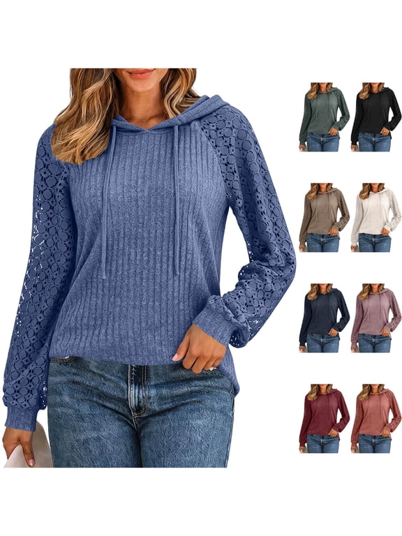 Womens Ribbed Knit Hoodie Pullover Drawstring Hollow Out Lace Crochet Patchwork Long Sleeve Sweatshirts Dressy Elegant Fall Clothes Daily Wear, Blue, S