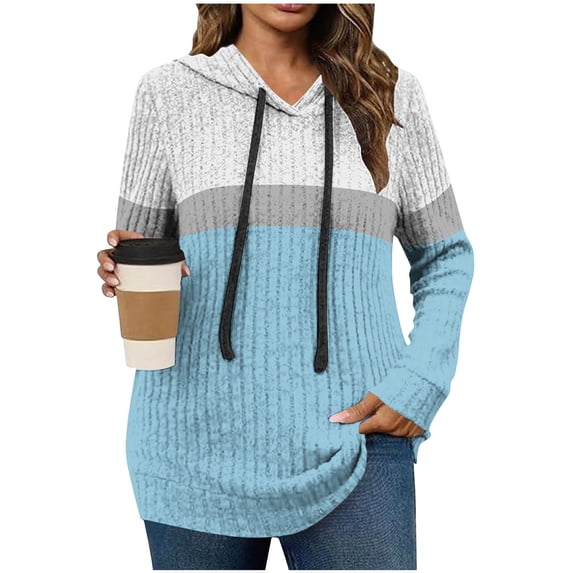 Womens Ribbed Knit Hoodie Sweatshirt Color Block Long Sleeve Pullover Shirts Lightweight Cozy Sweaters Fall Tops