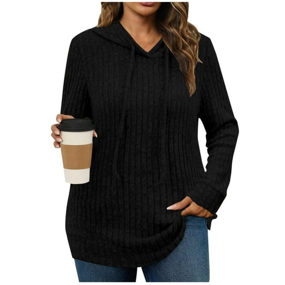 Womens Ribbed Knit Hoodie Sweatshirt Long Sleeve Soft Pullover Shirts Lightweight Cozy Sweaters Fall Tops