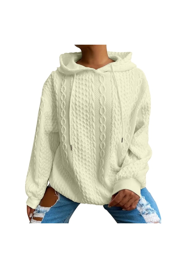 Womens Ribbed Knit Hoodies Striped Hooded Sweatshirt Casual Solid Color Round Neck Long Sleeve Top Oversized Loose Pullover with Drawstring Autumn Trend Top