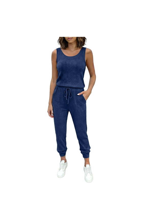 Womens Ribbed Knit Jumpsuit Sleeveless Jogger Leg Loungewear Outfit One Piece Romper with Pockets for Casual Summer Travel,Blue,XL