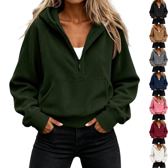 Womens Ribbed Knit Long Sleeve Hoodie Sweatshirt Half Zip Oversized Pullover with Kangaroo Pocket Warm Cozy Daily Fall Outfits, Army Green, L