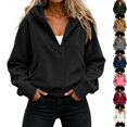 thumbnail image 1 of Womens Ribbed Knit Long Sleeve Hoodie Sweatshirt Half Zip Oversized Pullover with Kangaroo Pocket Warm Cozy Daily Fall Outfits, Black, L, 1 of 7