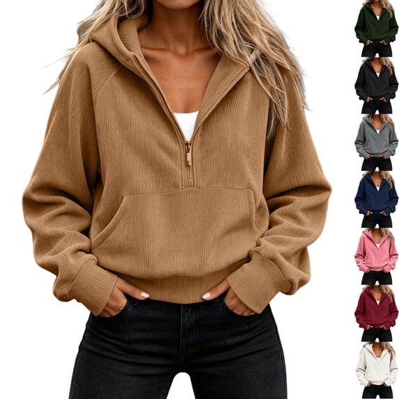 Womens Ribbed Knit Long Sleeve Hoodie Sweatshirt Half Zip Oversized Pullover with Kangaroo Pocket Warm Cozy Daily Fall Outfits, Brown, XL