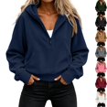 thumbnail image 1 of Womens Ribbed Knit Long Sleeve Hoodie Sweatshirt Half Zip Oversized Pullover with Kangaroo Pocket Warm Cozy Daily Fall Outfits, Navy, M, 1 of 8