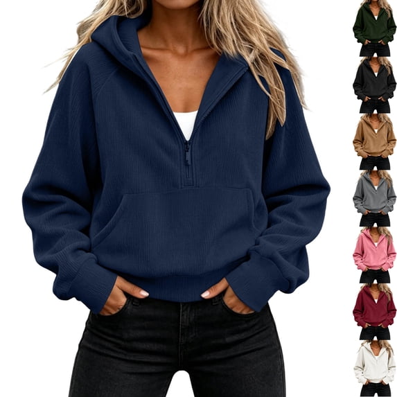 Womens Ribbed Knit Long Sleeve Hoodie Sweatshirt Half Zip Oversized Pullover with Kangaroo Pocket Warm Cozy Daily Fall Outfits, Navy, M