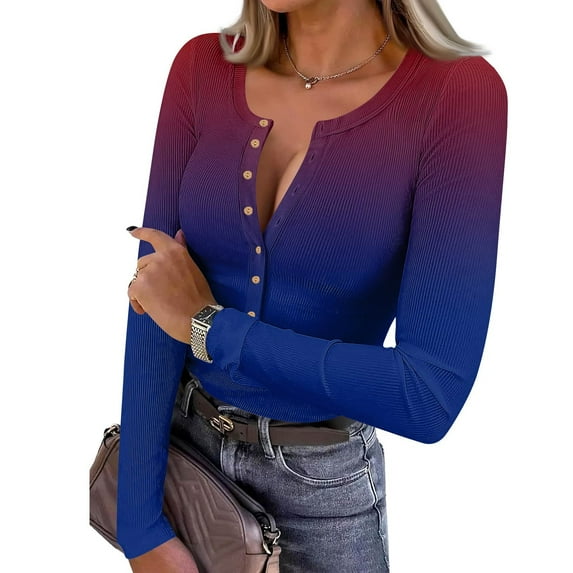 Womens Ribbed Knit Long Sleeve Shirts Trendy Casual Henley Tops Slim Fitted Basic T-Shirts