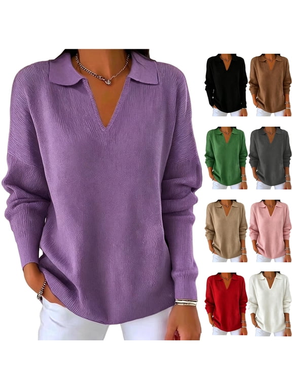 Womens Ribbed Knit Long Sleeve Sweater Johnny Collar Slouchy Drop Shoulder Pullover Tops Soft Stretch Casual Loungewear Winter Fall Outfits, Purple, XL