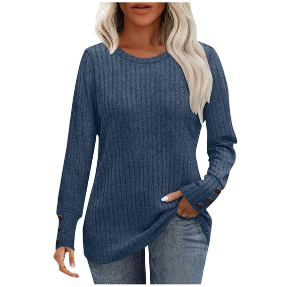 Womens Ribbed Knit Long Sleeve Tops Crew Neck Casual Button Pullover Solid Color Sweaters Loose Fit Comfy Blouses S-2XL