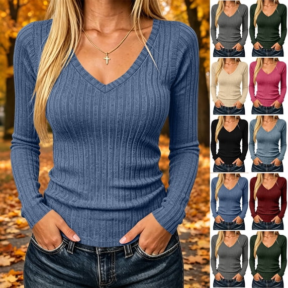 Womens Ribbed Knit Long Sleeve Tops V Neck Slim Fit Solid Color Soft Stretchy Lightweight Breathable Casual Basic Trendy Comfortable Fall Winter Pullover Tops
