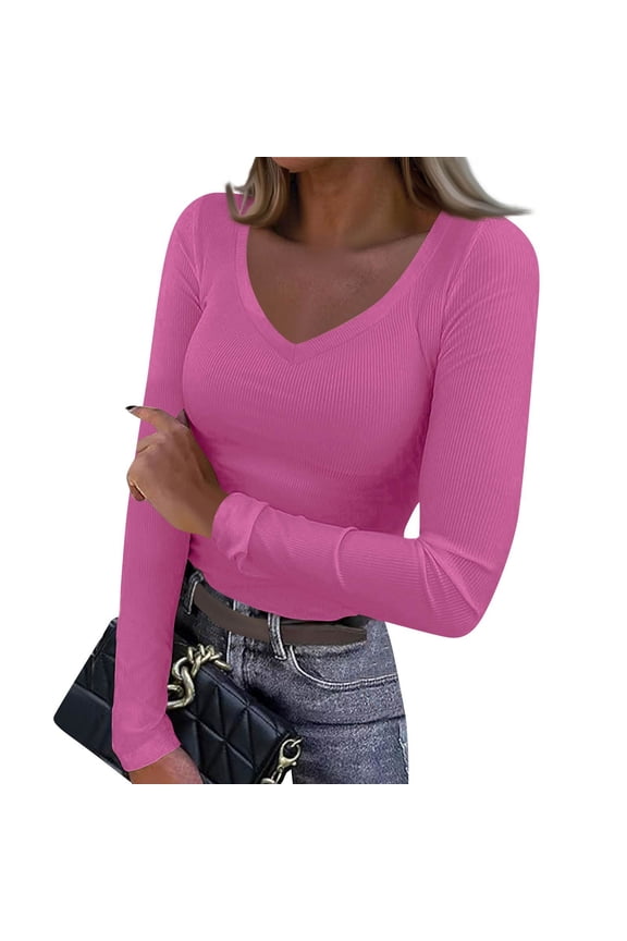 Womens Ribbed Knit Long Sleeve V Neck T-Shirts Slim Fitted Casual Knitted Tops Pullover Jumper Tee
