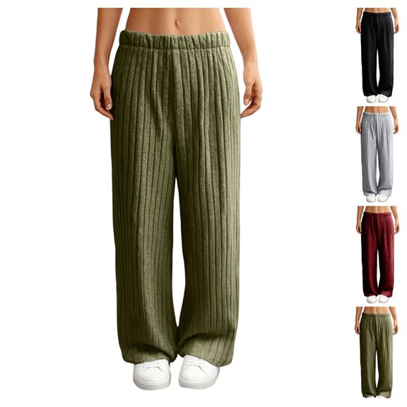 Womens Ribbed Knit Lounge Pants High Waisted Solid Color Loose Fit Wide Leg Trousers Comfy Soft Trendy Fall Slacks Army Green XXL