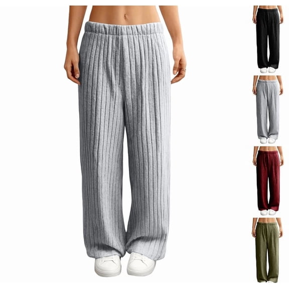 Womens Ribbed Knit Lounge Pants High Waisted Solid Color Loose Fit Wide Leg Trousers Comfy Soft Trendy Fall Slacks Light Gray XXL