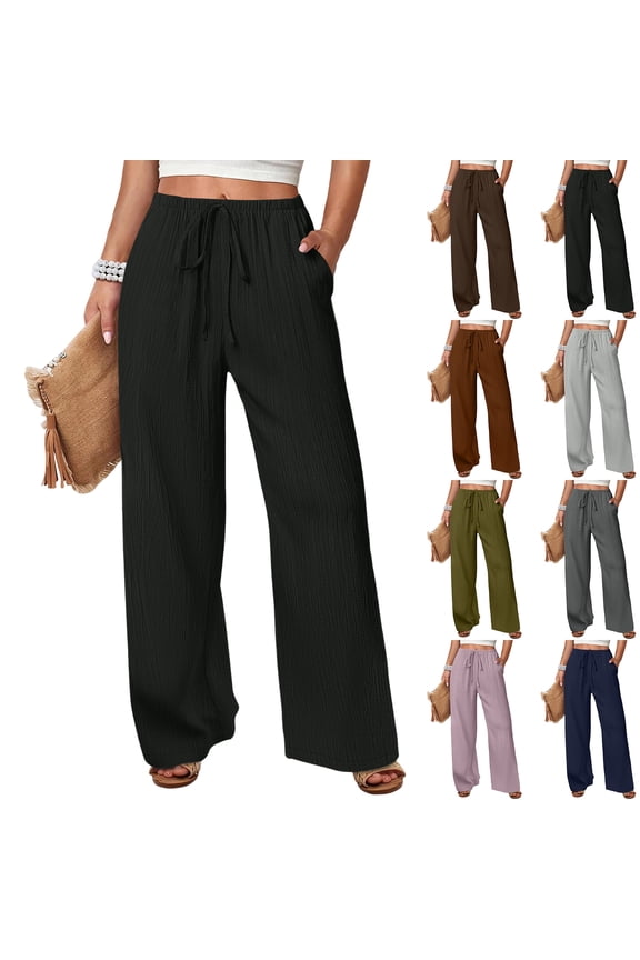 Womens Casual Lounge Pants Soft Comfy Drawstring High Waisted Wide Leg Trousers with Pockets, #03 Black S