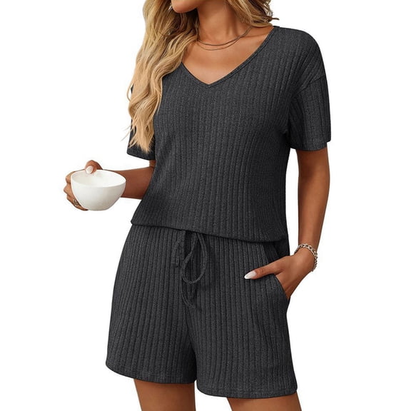 Womens Ribbed Knit Lounge Set Short Sleeve Top and Shorts Sleepwear Pajama Set Two Piece Shorts Outfits Black & Gray S