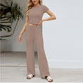 thumbnail image 1 of Womens Ribbed Knit Lounge Set Short Sleeve Tops and Long Pant Sleepwear Pajama Set Two Piece Matching Set Beige S, 1 of 4