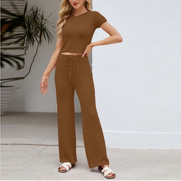 Womens Ribbed Knit Lounge Set Short Sleeve Tops and Long Pant Sleepwear Pajama Set Two Piece Matching Set Coffee L