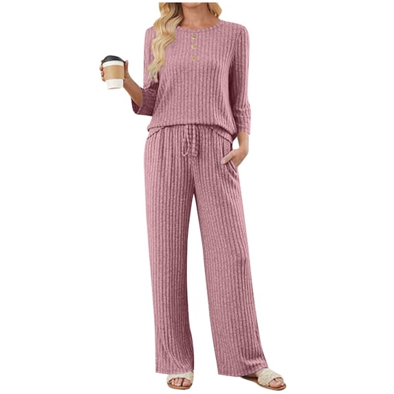 Womens Ribbed Knit Loungewear Set 2 Piece Outfits, Long Sleeve Pullover Tops Wide Leg Pants Pajama Suit Loungewear Sweatsuits L