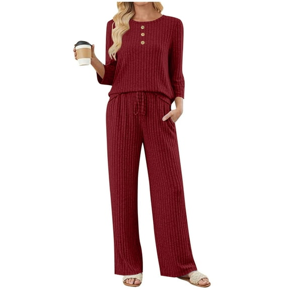 Womens Ribbed Knit Loungewear Set 2 Piece Outfits, Long Sleeve Pullover Tops Wide Leg Pants Pajama Suit Loungewear Sweatsuits Wine M