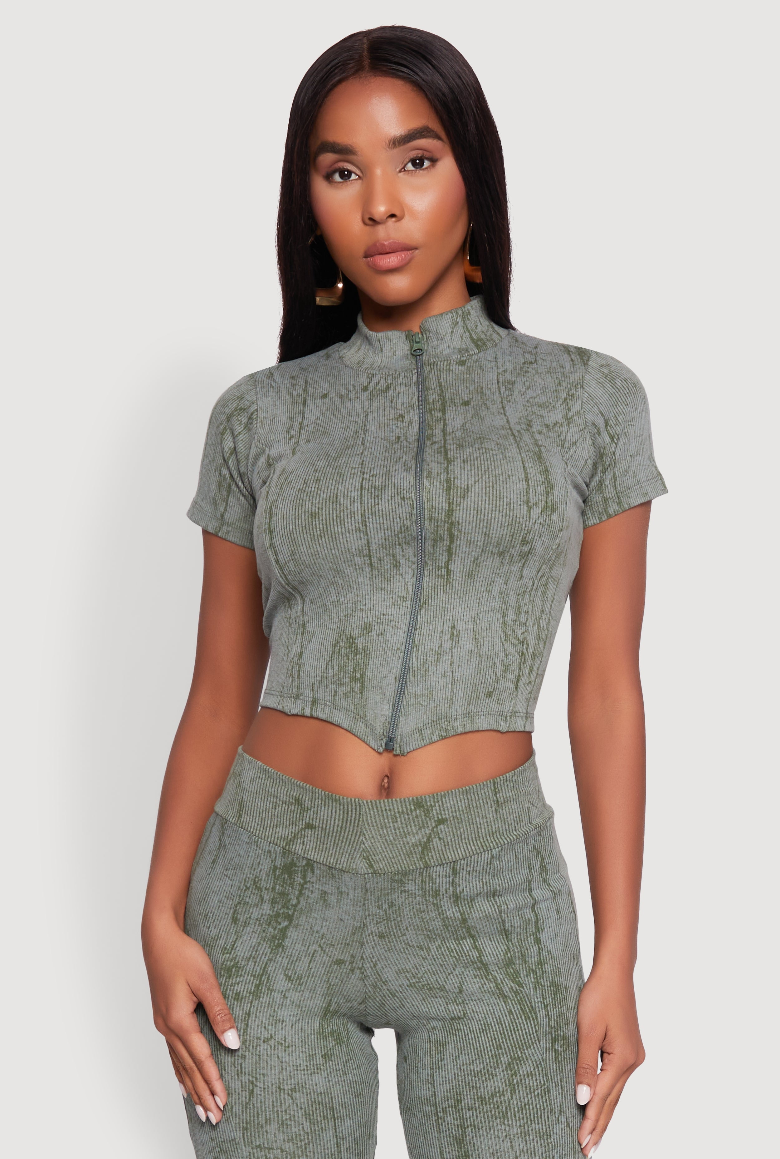 Womens Ribbed Knit Mineral Wash Zip Front Top - Walmart Business