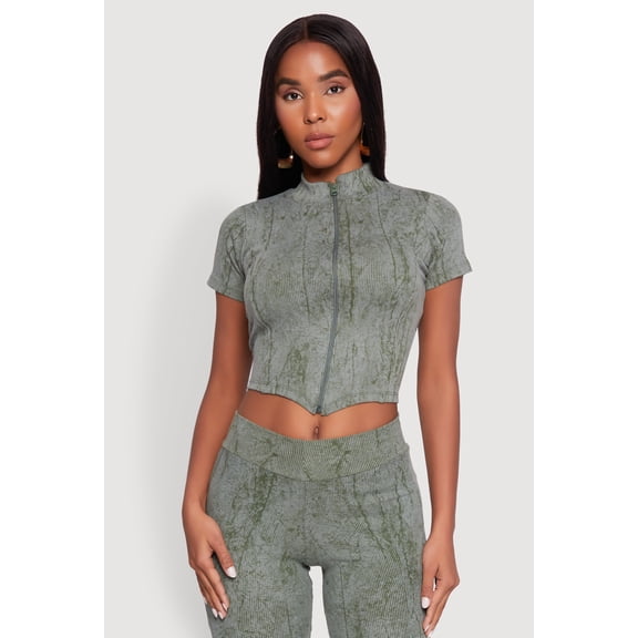 Womens Ribbed Knit Mineral Wash Zip Front Top