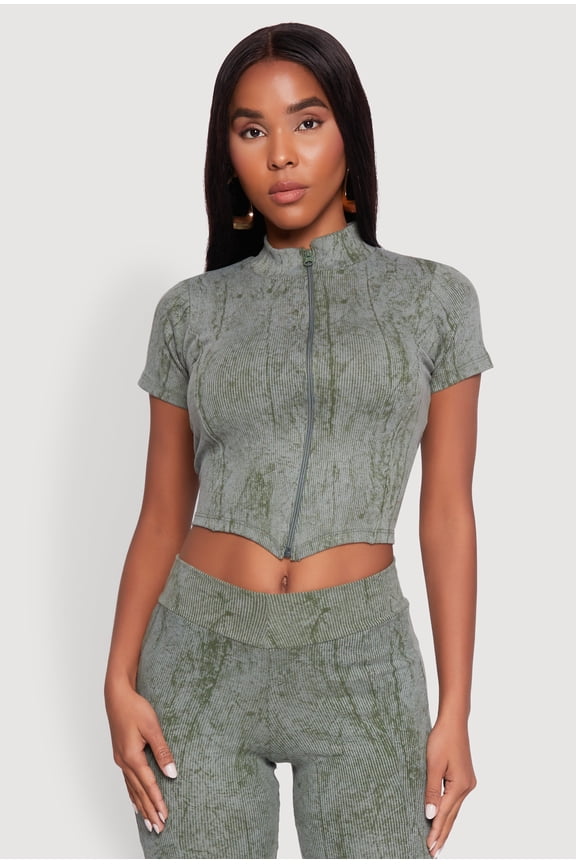 Womens Ribbed Knit Mineral Wash Zip Front Top