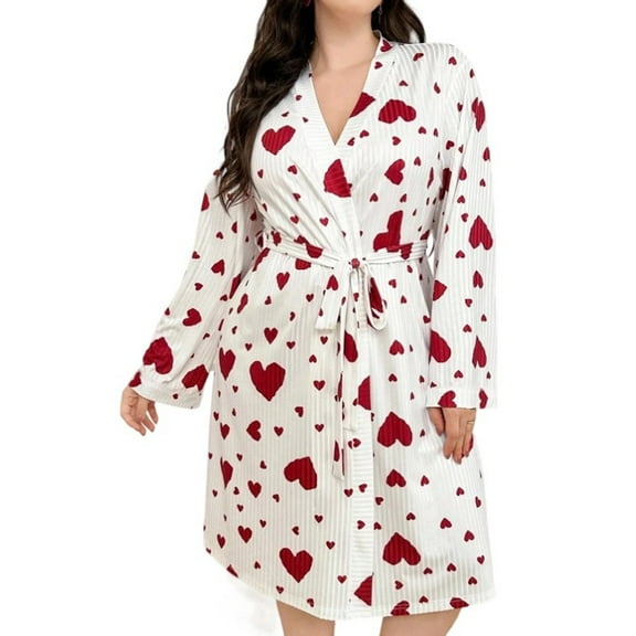 Womens Ribbed Knit Robe Nightgowns Love Hearts Printed Long Sleeve Belted Bathrobe Plus Size Home Loungewear (XL, Red)