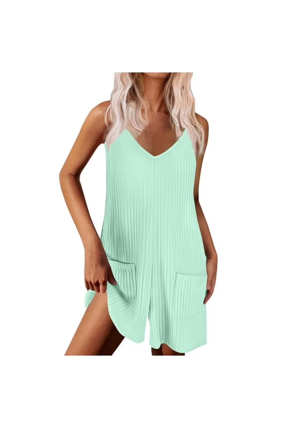 Womens Ribbed Knit Romper - Sleeveless Crew Neck Short Overalls with Pockets, Loose Casual Jumpsuit for Summer (Comfy & Breathable)