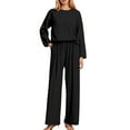 thumbnail image 1 of Womens Ribbed Knit Sets 2 Piece V Neck Long Sleeve Tops Elastic Wasit Wide Leg Pants Solid Color Lounge Sets Lightweight Loungewear Sets, 1 of 4