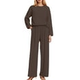 thumbnail image 1 of Womens Ribbed Knit Sets 2 Piece V Neck Long Sleeve Tops Elastic Wasit Wide Leg Pants Solid Color Lounge Sets Lightweight Loungewear Sets, 1 of 4