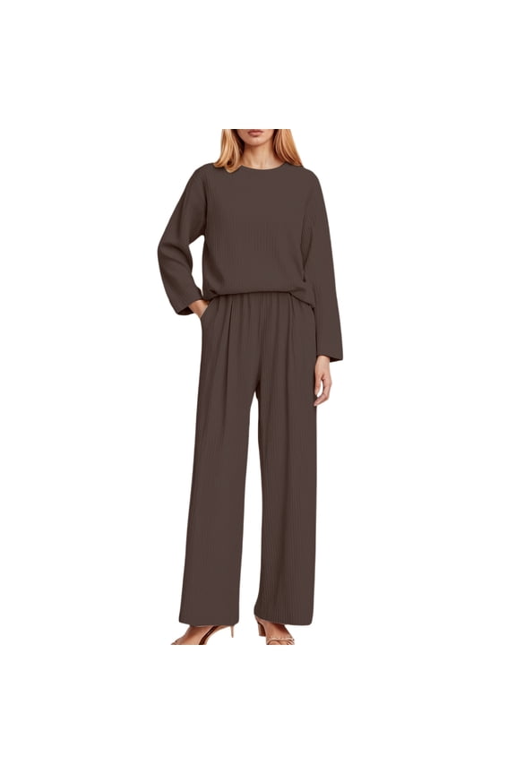 Womens Ribbed Knit Sets 2 Piece V Neck Long Sleeve Tops Elastic Wasit Wide Leg Pants Solid Color Lounge Sets Lightweight Loungewear Sets