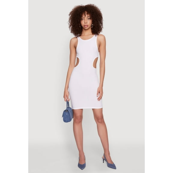 Womens Ribbed Knit Side Cut Out Mini Tank Dress